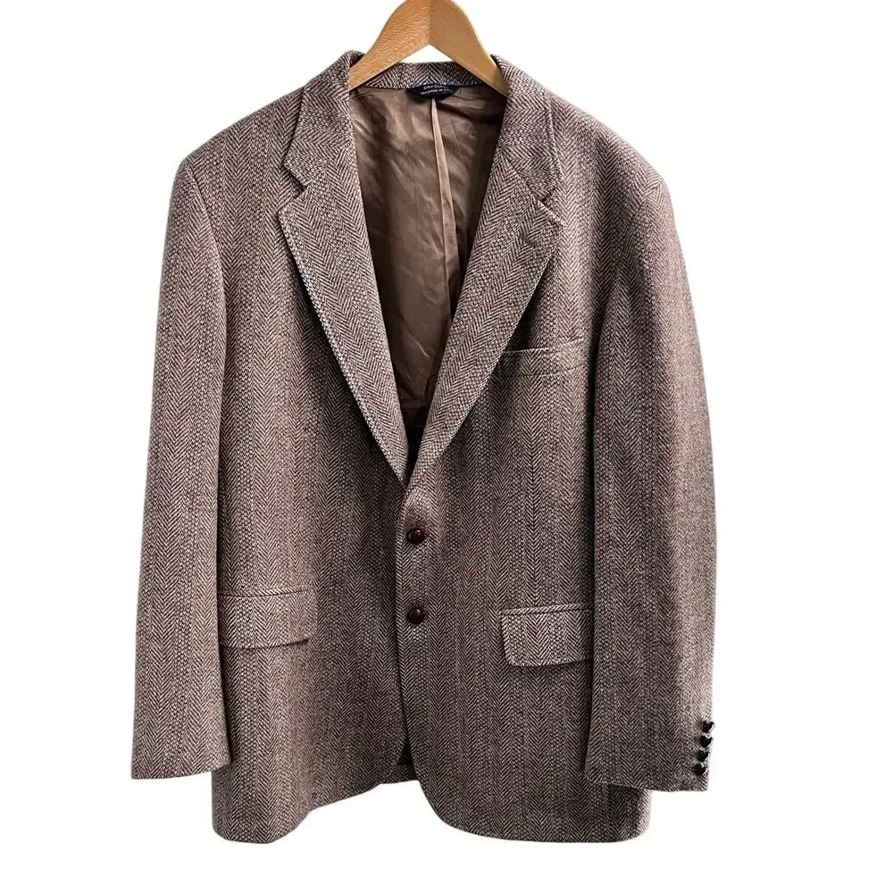Cricketeer Men's Brown Herringbone Tweed 100% Wool Blazer Sport Coat Large 42